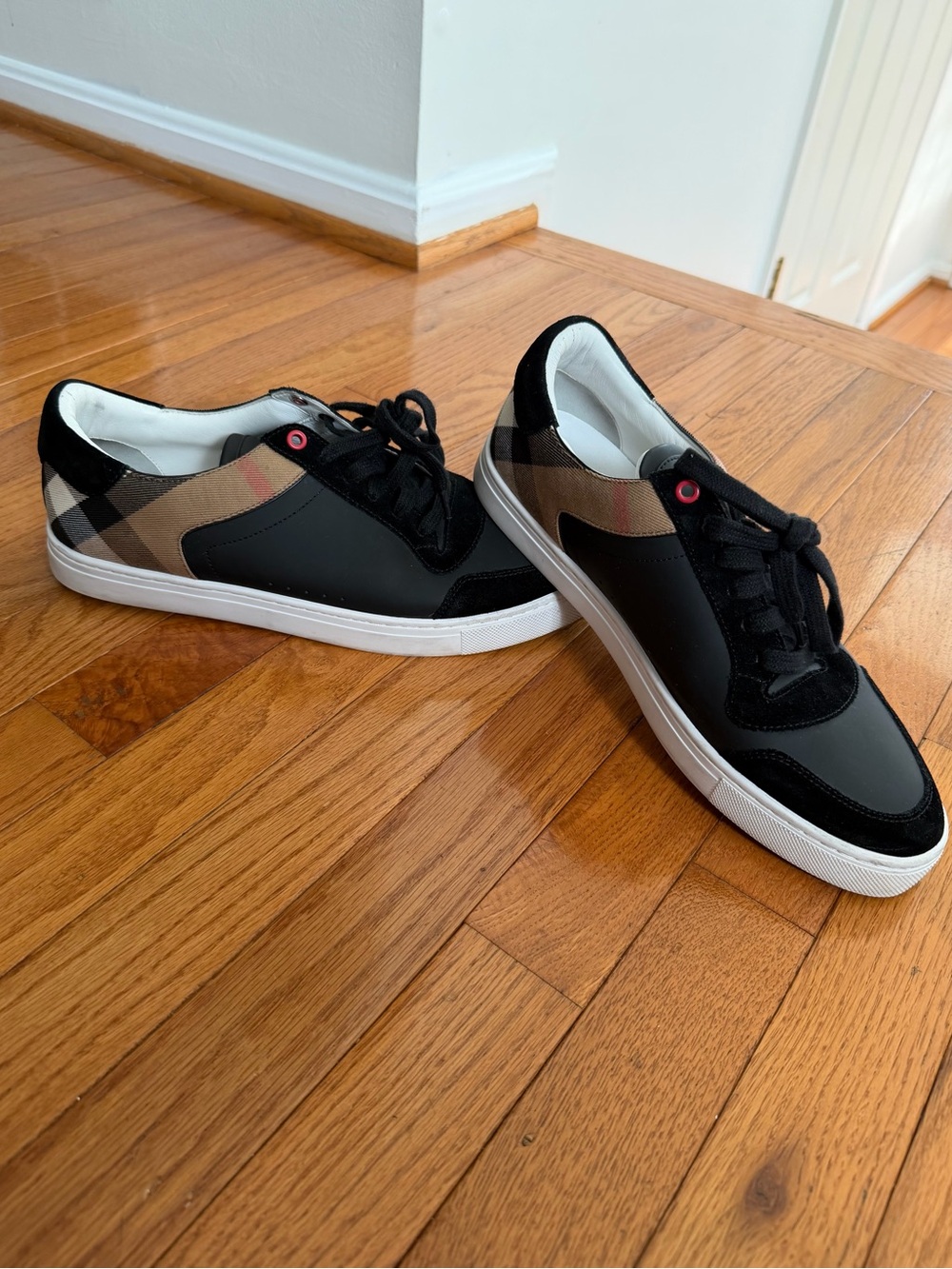 Burberry Black Sneakers with Beige Check Panels and White Sole